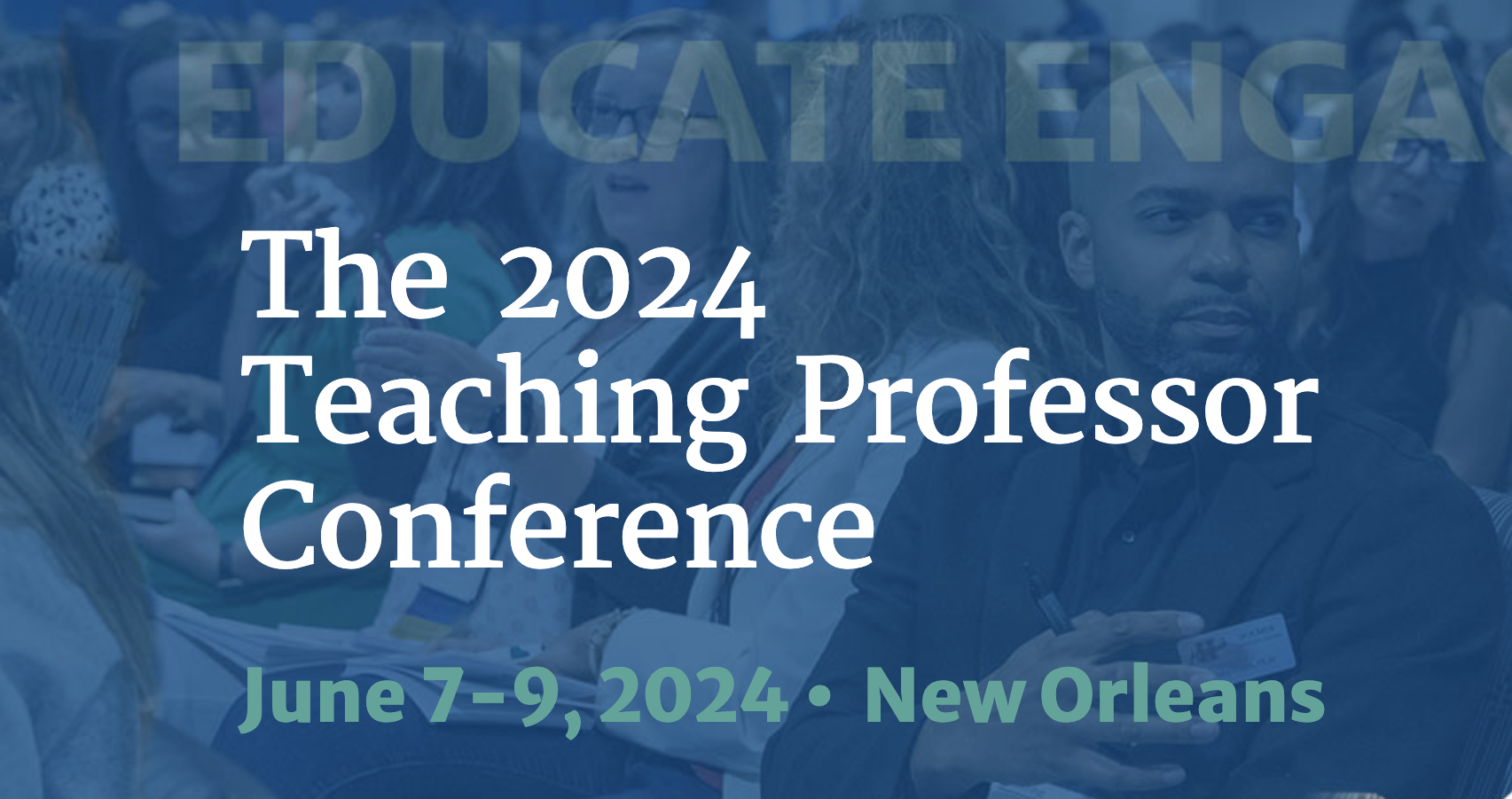The 2024 Teaching Professor Conference image, two women sitting and smiling on the blue background.